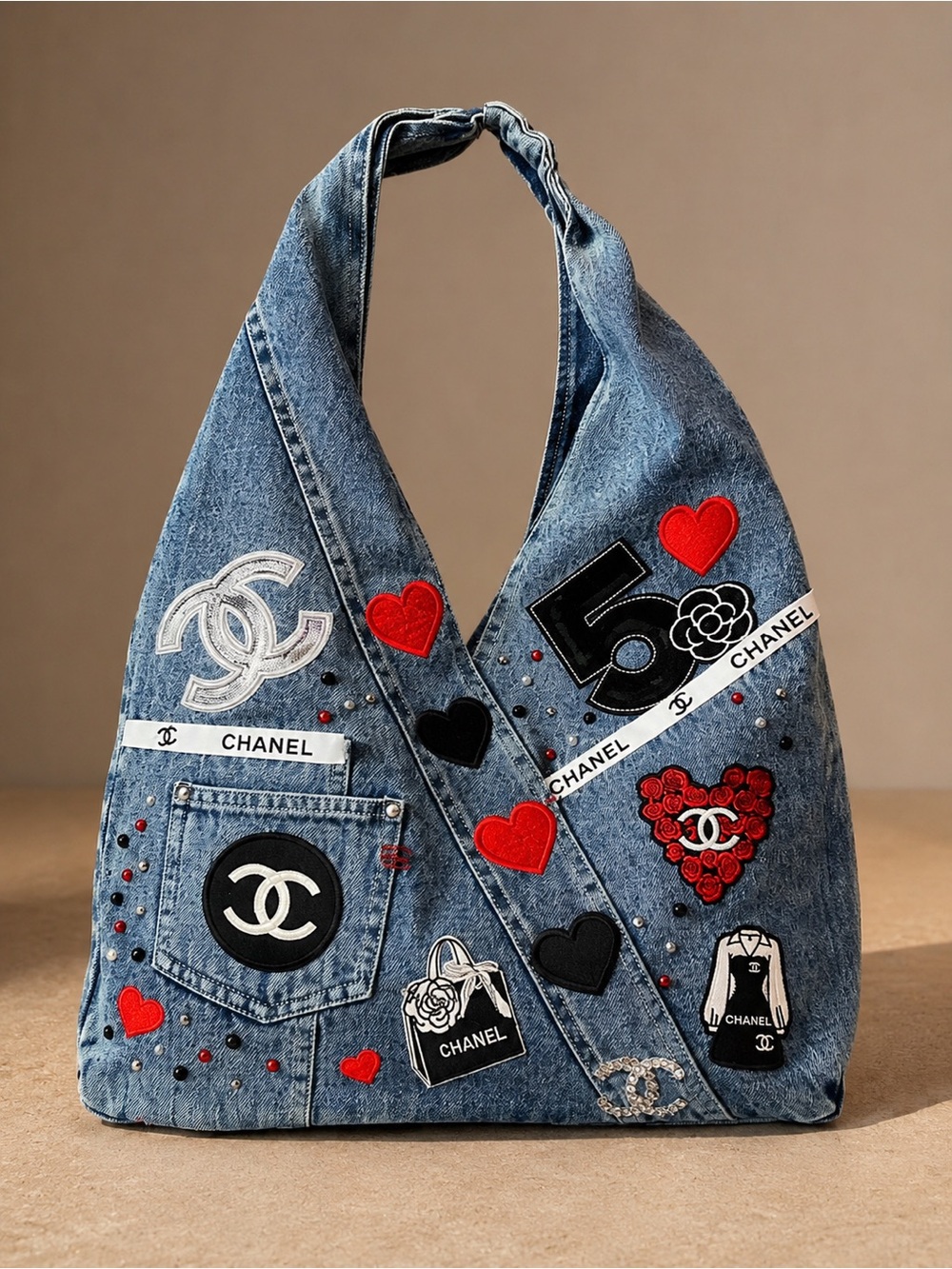 Upcycled Denim Junk Hobo Shoulder Bag with Red Heart & Black Logo Patches - Picture 2 of 3